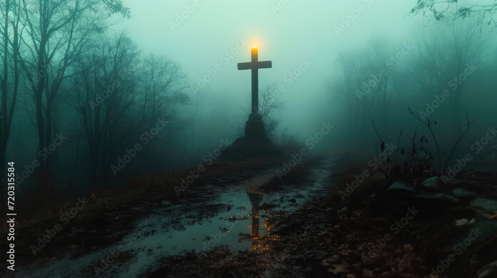 Naklejka premium Cross on the path. Cross with a warm light in a cold, foggy morning.