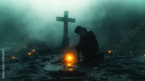 Cross in the light with a man kneeling in front of it. Dark, foggy landscape. 