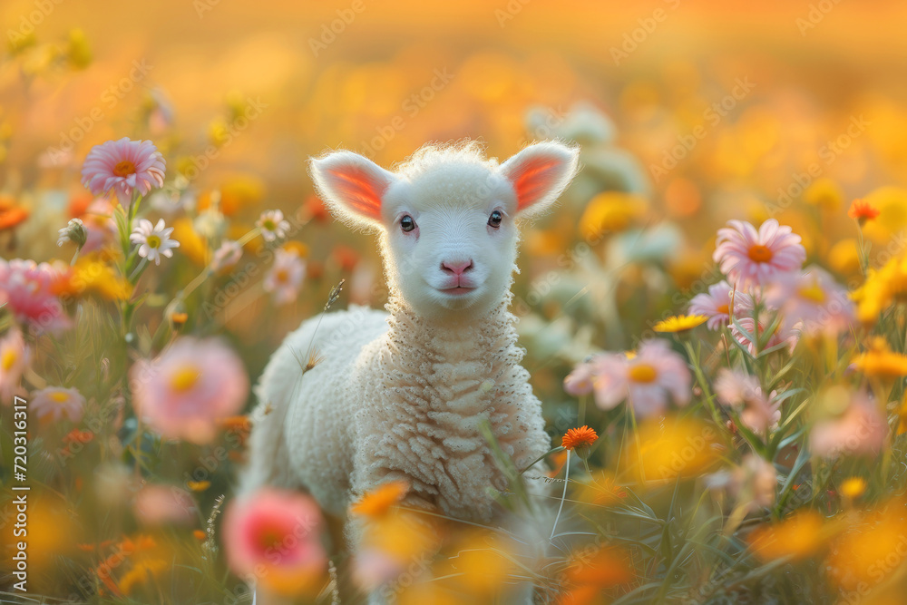 Cute lamb in a field of daisies on a sunny day Cute lamb in a field of daisies on a sunny day