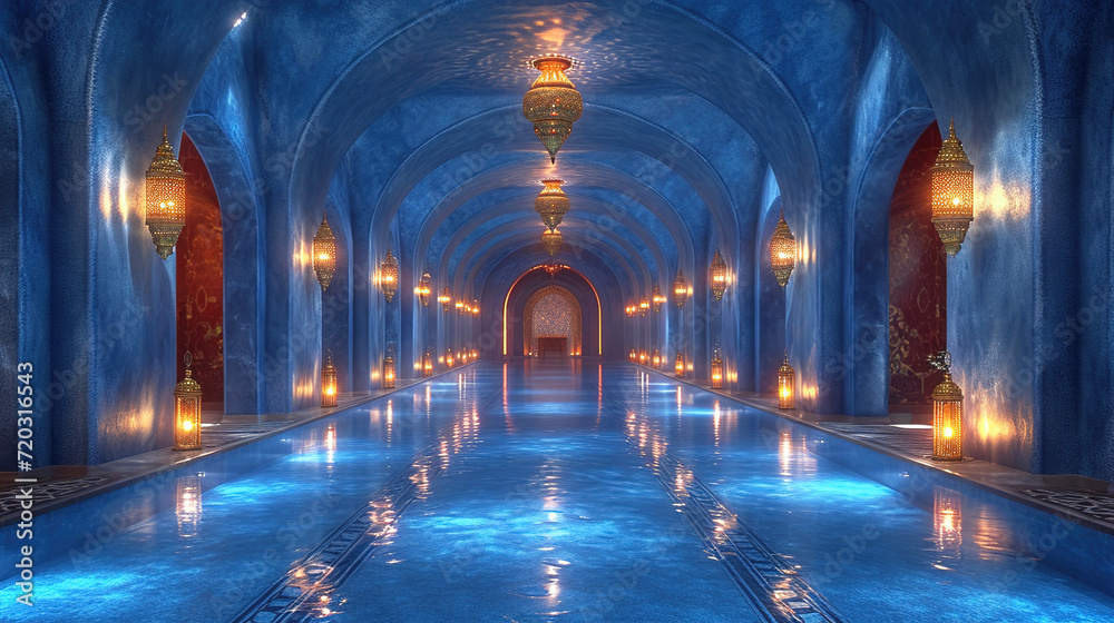 A Tranquil Hallway Bathed in Serene Blue Hues Illuminated Background