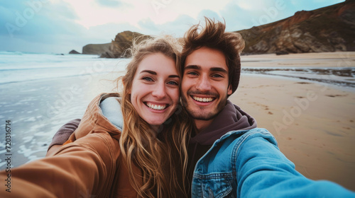 Couple taking selfie on the beach. 
