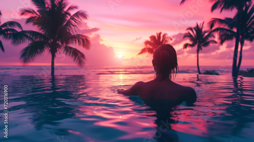 Silhouette of woman relaxing in swimming pool at sunset time. © Faith Stock
