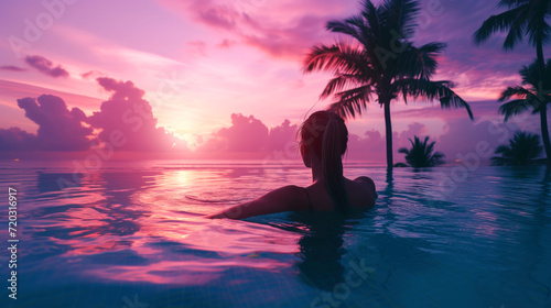 Silhouette of woman relaxing in swimming pool at sunset time.