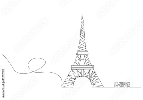 Fototapeta Naklejka Na Ścianę i Meble -  Eiffel Tower Single one line drawing. Tourism and travel greeting postcard concept. Modern continuous line draw design vector illustration
