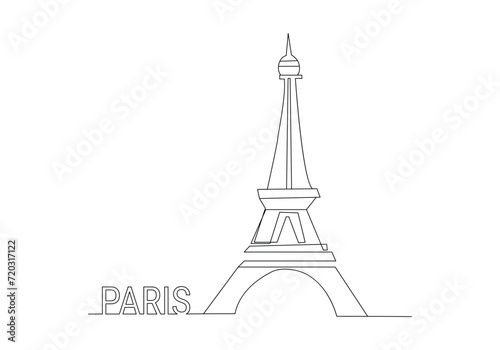 Eiffel Tower Single one line drawing. Tourism and travel greeting postcard concept. Modern continuous line draw design vector illustration 