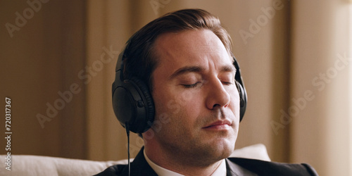 giovane uomo con cuffie che ascolta concentrato musica, occhi chiusi, primo piano photo