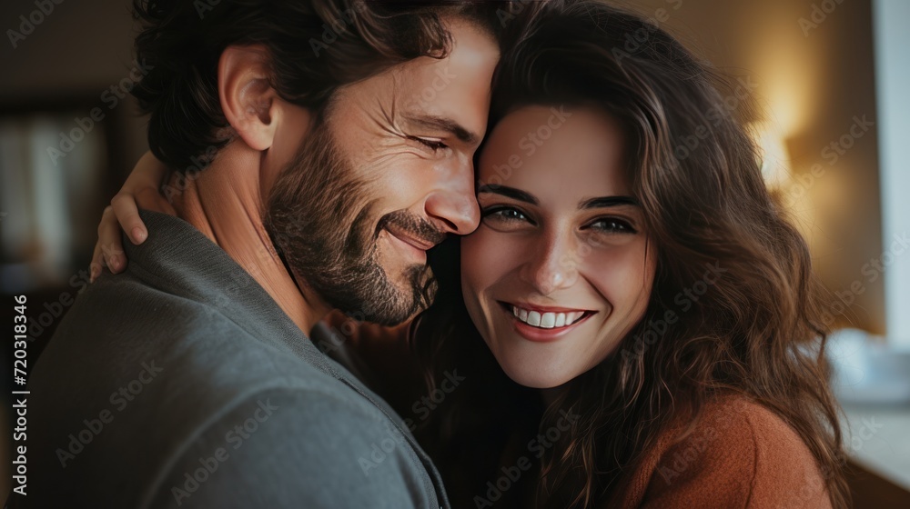 couple in love man and woman smiling while hugging together at home