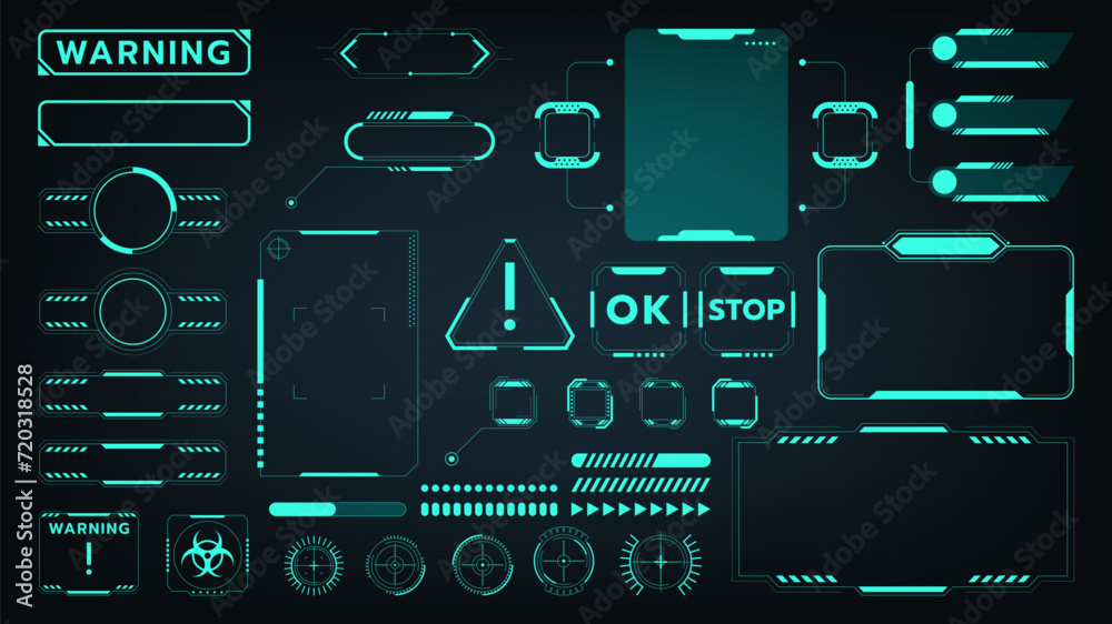 UI digital. Futuristic technology game, graphic bar button cyber elements, Fi HUD Sci box frame interface, tech abstract arrow board circle. Blue glowing elements. Vector cyberpunk style template