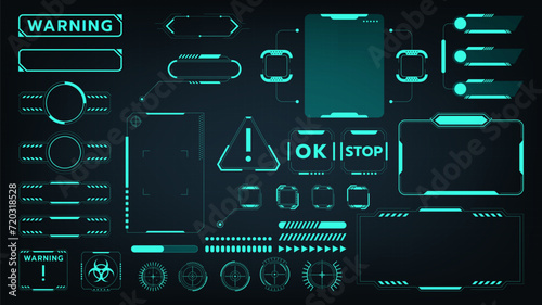 UI digital. Futuristic technology game, graphic bar button cyber elements, Fi HUD Sci box frame interface, tech abstract arrow board circle. Blue glowing elements. Vector cyberpunk style template photo