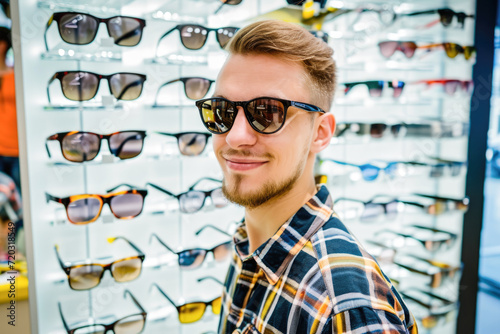 Handsome young man choosing sunglasses in a optics store. Selective focus.