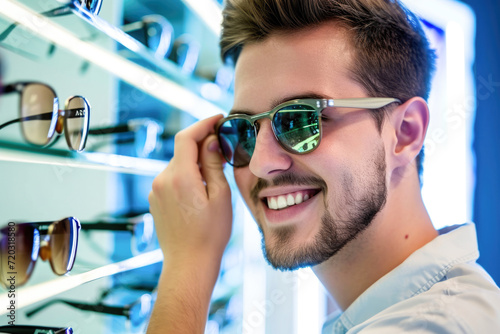 Handsome young man in sunglasses looking at camera and smiling while standing in optics store