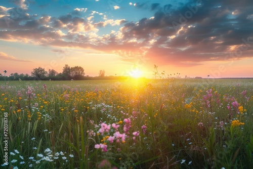 Colorful spring sunrise on meadow © Amer
