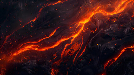 Red lava flows break from the surface after a volcanic eruption. fire abstract background.