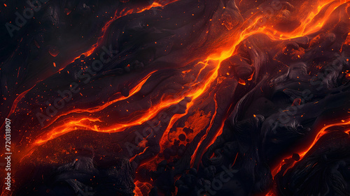 Red lava flows break from the surface after a volcanic eruption. fire abstract background. photo