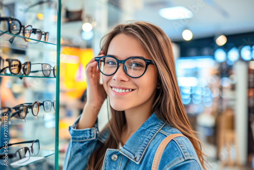 Beautiful young woman choosing eyeglasses in optics store. Portrait of a beautiful young woman choosing eyeglasses.