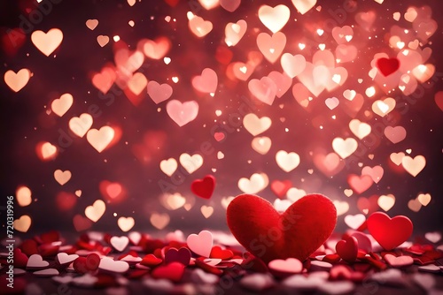 a Valentine's Day-themed background featuring hearts and blurred lights. 