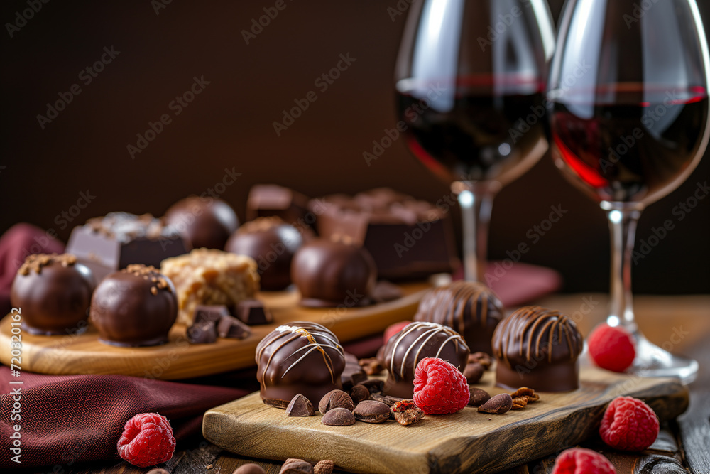 A rich display of decadent chocolates paired with red wine, featuring fresh raspberries on a wooden serving board.
A rich display of decadent chocolates paired with red wine, featuring fresh raspberries on a wooden serving board.