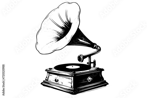Classic vintage gramophone hand drawn ink sketch. Engraved style vector illustration photo