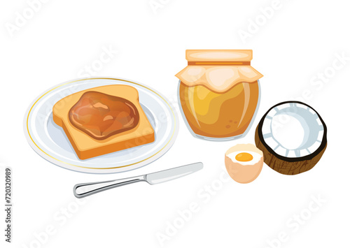 Toasted bread with coconut jam vector illustration. Toast on a plate, halved coconut, egg still life vector. Jam jar with coconut and slice of bread icon set on a white background photo