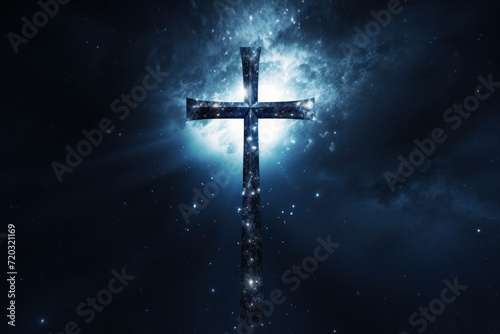 Cross against the backdrop of shining magic light and night sky with stars. Сhristian Easter and Good friday concept.