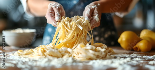 Hands covered in flour. A woman makes pasta.