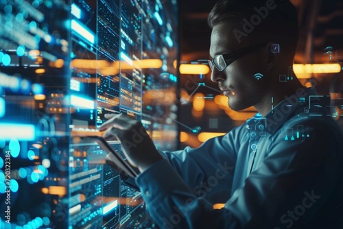 Data science, Business and Artificial Intelligence AI, Digital Technology. Software engineer working on digital tablet with computer code and big data, global internet network, software development