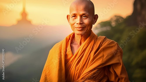 A Burmese monk atop a golden stupa overlooking a tranquil mountain valley his light orange robes providing the perfect balance of spirituality and serenity in the view. photo