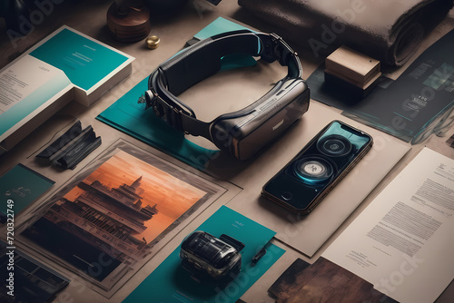Accessories for travel. Traveler's outfit and vacation items. Travel concept with retro camera on wooden background. Flat lay. future technology  © Jam