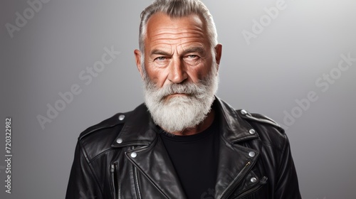 Confident bearded senior man in leather jacket looking at camera 