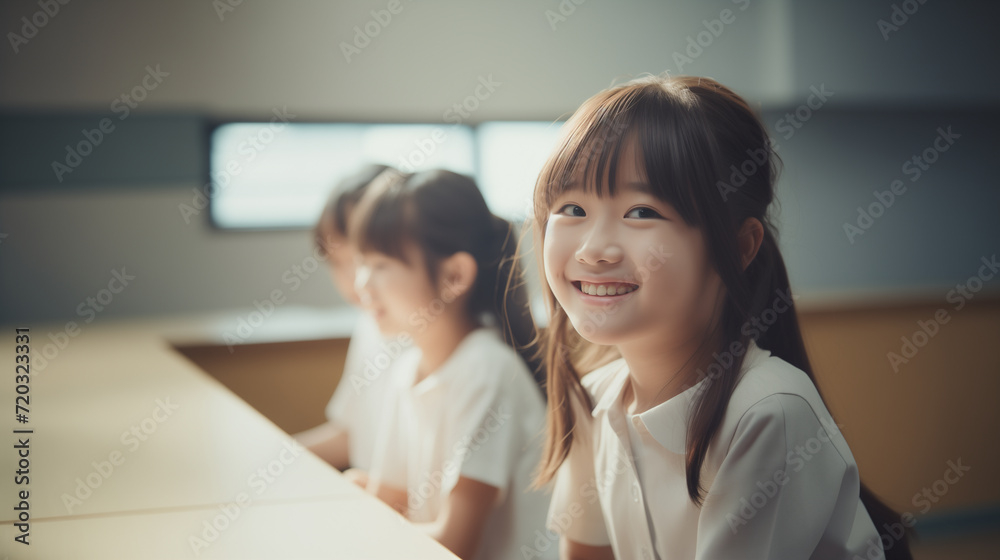 Bambina di origini asiatiche sorridente in una classe di una scuola elementare durante una lezione - obrazy, fototapety, plakaty 