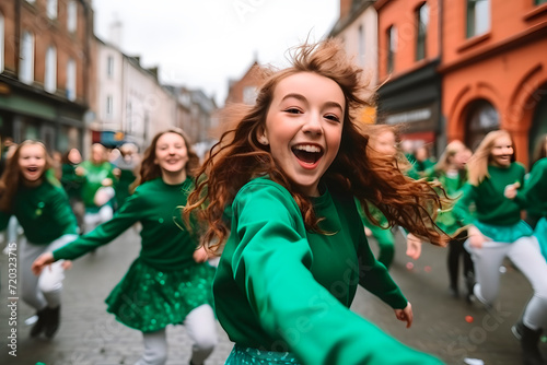 group of young people perform St. Patrick day.
