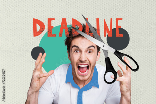 Horizontal photo collage of angry overworked tired man shaking hands screaming in rage because of deadline on job study scissors cut word photo