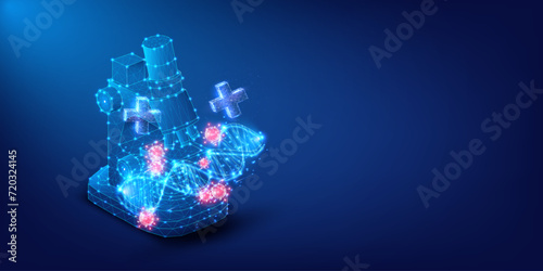 Abstract image of a microscope with glowing DNA strands and health care signs symbolizing advanced medical technology. Futuristic Digital Microscope Concept with Glowing DNA and Medical Cross Symbols.