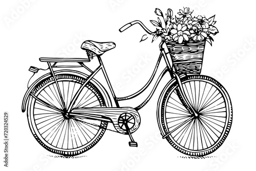 Vintage bicycle with flowers in a basket hand drawn engraved vector illustration photo