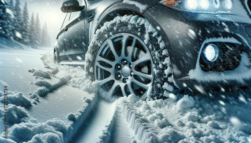 Close-up of a car's wheel in winter, packed with snow, illustrating challenging driving conditions during a heavy snowfall in a forested landscape