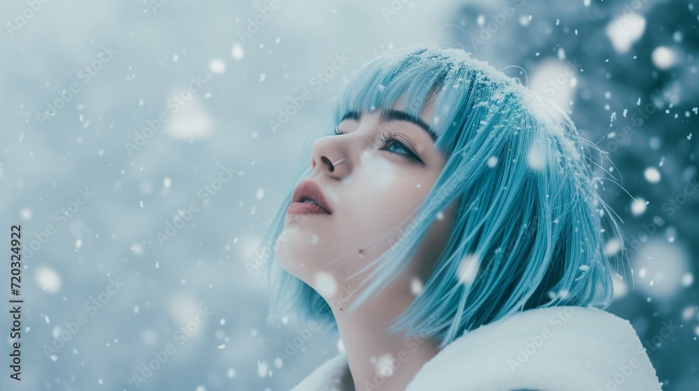 portrait of a woman with short light blue hair in winter standing outside with snowflakes falling on her. 