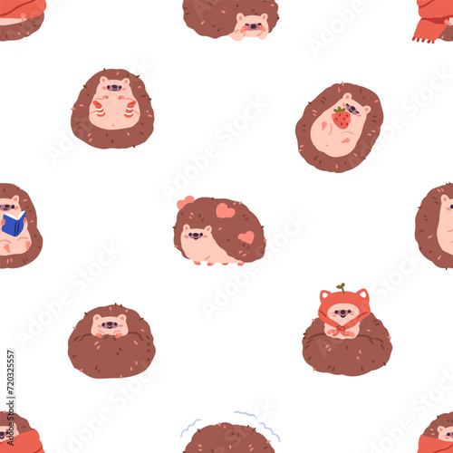 Cute hedgehogs, seamless pattern. Funny forest animal, endless background des...