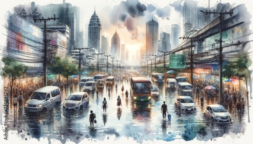 The image shows a flooded urban street with people and vehicles in the rain. photo
