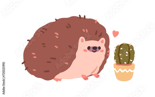 Cute hedgehog in love with cactus. Funny animal alike, similar to plant with needles. Happy adorable kawaii comic forest character. Childrens flat vector illustration isolated on white background