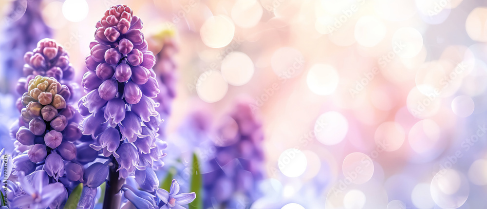 Artistic close-up of muscari, grape hyacinth, against vibrant bokeh background, for enthusiasts of spring, flowers. Featuring leaves, ideal card or banner for refreshing season. Purple, green hues. Artistic close-up of muscari, grape hyacinth, against vibrant bokeh background, for enthusiasts of spring, flowers. Featuring leaves, ideal card or banner for refreshing season. Purple, green hues.