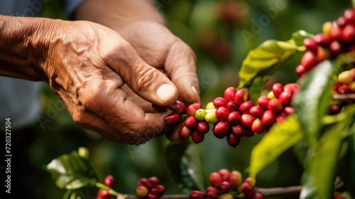 Man Hands harvesting cherry coffee bean ripe Red berry plant fresh seed  photo