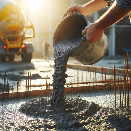 A construction worker is pouring concrete on a construction site