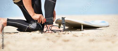 Photography Legs, strap for safety and surfer on beach for sports, fitness and training on travel vacation in summer