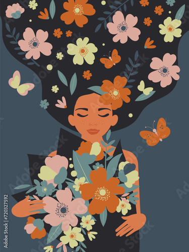 Beautiful woman with flowers in her hair and a bouquet in her hands for spring March cards on Women's Day. Vector.