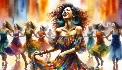 Joyful women dancing in vibrant watercolor scene.