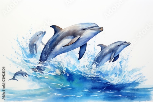 Watercolor illustration of dolphins jumping out of the sea  isolated on a blue background. World Whale Day Postcard. 