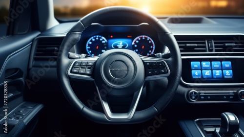 Modern car interior. Steering wheel with media phone control buttons  © CStock