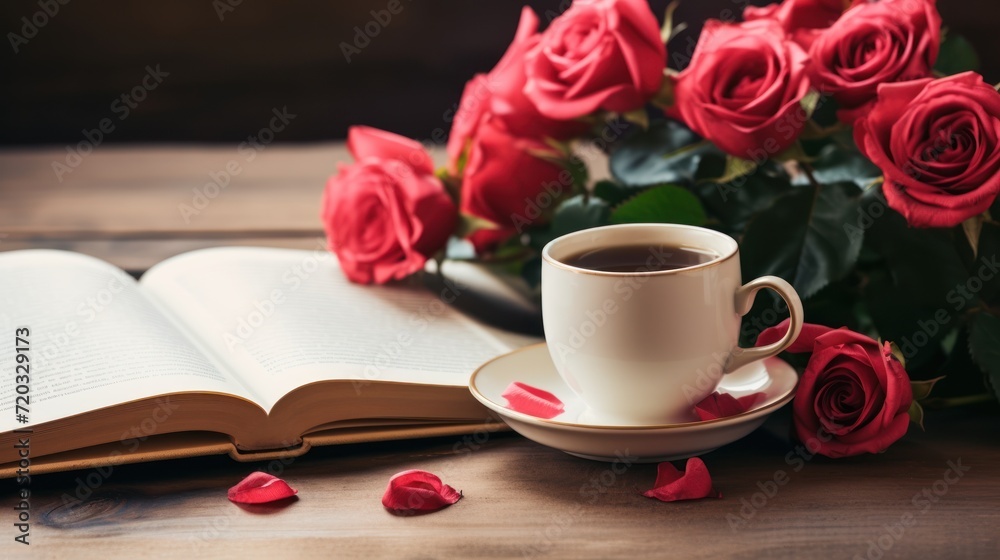 Morning cozy concept. Open books, cup of coffee, rose, Morning cozy concept. Open books, cup of coffee, rose,