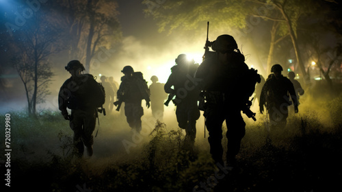 group of soldiers in full gear conducting a nighttime training exercise, illuminated by the glow of tactical lights, illustrating preparedness and resilience