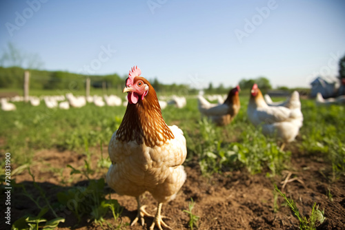 Free range chicken farm and sustainable agriculture. Organic poultry farming. Chickens roaming free in sustainable and animal-friendly farm. Free range bird in agriculture grass field.